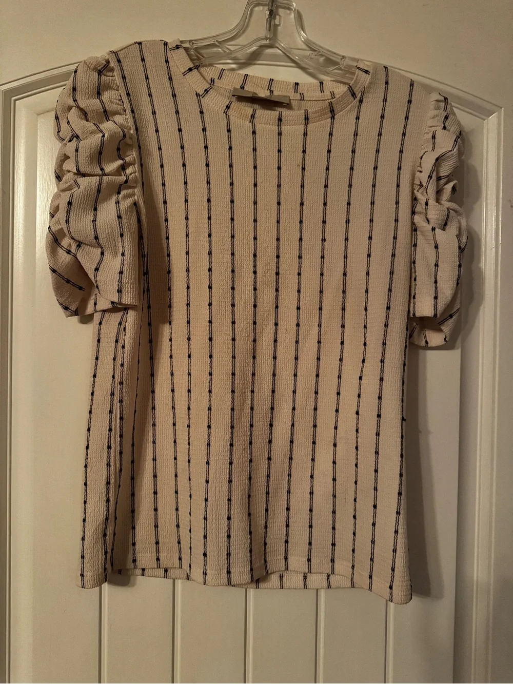 LOFT Cream Top with black Pinstripes and Puff Sleeves